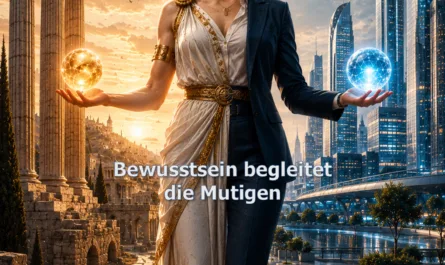 Symbolisches Titelbild zum Thema Bewusstsein, Mut und Orientierung. Im Zentrum steht eine ruhige weibliche Figur, die zwei Welten miteinander verbindet. Die linke Körperhälfte ist im Stil der Antike gestaltet und trägt eine helle, goldverzierte Toga mit Lorbeerkranz. Die rechte Hälfte zeigt ein modernes, dunkles Business-Outfit. Die Figur steht aufrecht und mit geschlossenen Augen zwischen einer antiken Landschaft mit Säulen, Ruinen und warmem Sonnenlicht auf der linken Seite sowie einer futuristischen Stadt mit Hochhäusern, blauen Lichtakzenten und moderner Architektur auf der rechten Seite. In ihren ausgestreckten Händen schweben zwei leuchtende Energiekugeln: links in warmem Gold, rechts in kühlem Blau. Über der Szene steht die Überschrift „O Fortuna ...“. In der Bildmitte befindet sich der Leitsatz „Bewusstsein begleitet die Mutigen“. Das Bild symbolisiert den Übergang von Glück, Schicksal und Tradition hin zu Bewusstsein, Verantwortung und Selbstführung. Das Bild steht für Orientierung in Unsicherheit, die Verbindung von Vergangenheit und Zukunft sowie den Mut, trotz Ungewissheit bewusst den eigenen Weg zu wählen.