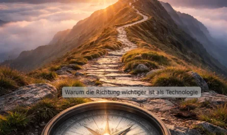 Ein symbolisches Landschaftsbild im Hochformat: Im Vordergrund liegt ein großer, runder Kompass auf einem steinigen Bergpfad. Die Kompassnadel zeigt ruhig nach Norden, das Metall wirkt leicht gealtert, stabil und präzise. Der Pfad beginnt direkt hinter dem Kompass und schlängelt sich in sanften Kurven über einen schmalen Berggrat nach oben. Links und rechts fallen die Hänge steil ab, teilweise sind sie von Wolken und Nebel bedeckt. In der Ferne geht die Sonne auf und taucht die Szene in warmes, goldenes Licht. Der Himmel ist klar, die Berglandschaft weit und ruhig. Die Komposition lenkt den Blick vom Kompass über den Weg hin zum Licht am Horizont. Das Bild vermittelt Orientierung, bewusste Richtung und den Beginn eines Weges, bei dem Klarheit und Ausrichtung wichtiger sind als Geschwindigkeit oder Technik.