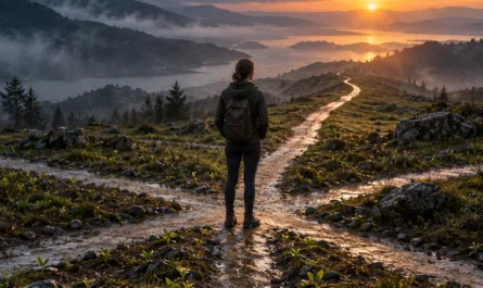 Hochformatiges symbolisches Landschaftsbild nach einem Unwetter. Eine Person mit dunklem Pferdeschwanz, schwarzer Jacke, Hose und Rucksack steht von hinten an einer Weggabelung auf einem nassen, steinigen Bergpfad. Links liegen dunkle Sturmwolken über nebelverhangenen Bergen, während rechts warmes orangefarbenes Sonnenlicht über einer weiten Seen- und Berglandschaft aufbricht. Der vom Regen glänzende Weg führt in Richtung Horizont; zwischen Steinen und feuchter Erde wachsen zahlreiche junge grüne Pflanzen. Im oberen Bildbereich steht in orangefarbener Schrift: „Manches wächst, wenn es still ist.“ Rechts oben befindet sich das Logo „Stephan A. Davis – manage it together“, rechts unten ein dreiteiliges blau-orange-graues Symbol. Der Übergang von Dunkelheit zu Licht und das junge Grün stehen für Erholung, stilles Wachstum, neue Orientierung und bewusst gewählte Wege.