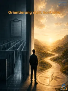 Symbolisches Hochformat-Bild zum Thema „Orientierung statt Kontrolle“. In der Mitte steht eine Person von hinten an einer Schwelle zwischen zwei gegensätzlichen Welten. Links ist eine dunkle, kühle und streng strukturierte Umgebung zu sehen: graue Mauern, ein labyrinthartiges System aus Gängen, Gitter, Schattenfiguren und eine große Checkliste als Sinnbild für Kontrolle, Freigaben und Absicherung. Rechts öffnet sich eine warme, helle Landschaft mit weitem Himmel, Bergen, goldenem Licht und einem geschwungenen Weg, der in die Ferne führt. Im Vordergrund liegt ein Kompasssymbol im Boden, das für Orientierung, Klarheit und bewusste Entscheidungen steht. Die Person blickt in Richtung der offenen Landschaft. Das Bild stellt den Kontrast zwischen einengender Kontrolle und stärkender Orientierung dar und zeigt Führung als bewussten Übergang von Absicherung zu Verantwortung.