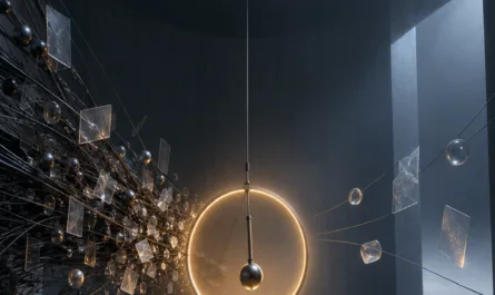 Hochformatige, symbolische Illustration in dunklen Blau-, Grau- und Anthrazittönen. Im Zentrum eines weitläufigen, architektonischen Raums hängt ein schwarzes Pendel innerhalb eines warm orange leuchtenden Rings über einem runden Sockel. Von links drängen zahlreiche schwarze Linien, Kugeln und transparente Fragmente dicht in Richtung des Rings. Rechts verteilen sich nur wenige Elemente in einem offenen, fast leeren Raum. Die gegensätzliche Verdichtung und Weite stehen sinnbildlich für Überforderung und Unterforderung. Ring und Pendel markieren dazwischen einen bewussten Moment der Orientierung, Prüfung und Entscheidung. Im oberen Bildbereich steht in orangefarbener Schrift: „Bewusstes Verlangsamen ist kein Stillstand“. Oben rechts befindet sich das Logo von Stephan A. Davis, unten rechts eine dreifarbige Triquetra.