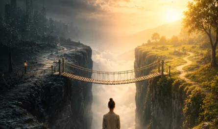 Symbolisches Hochformat-Bild zum Thema systemische Führung, Potenzialentwicklung und Zwischenraum. Eine einzelne Person steht am Rand einer tiefen Schlucht und blickt auf eine schmale Hängebrücke, die zwei gegensätzliche Welten verbindet. Links liegt eine dunkle, stürmische, industriell wirkende Landschaft mit grauen Felsen und einer fernen Stadt. Rechts öffnet sich eine warme, helle Naturlandschaft mit Bäumen, Wiesen, Sonnenlicht und einem weiterführenden Weg. Zwischen beiden Seiten liegt Nebel in der Tiefe. Oben links steht die Headline „Die Brücke Im Dazwischen“. Unten steht der Leitsatz „ehrlich verbinden – klar entscheiden – bewusst wirken“. Rechts oben ist das Stephan A. Davis Logo, rechts unten ein Triquetra-Symbol. Das Bild steht sinnbildlich für den Moment zwischen Druck und Potenzial, zwischen Anspruch und Vertrauen, und für die Frage, wie Führung einen tragfähigen Übergang für Entwicklung schaffen kann.