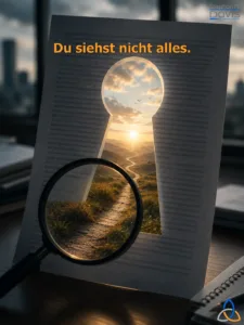 Symbolisches Hochformatbild mit der Überschrift „Du siehst nicht alles.“ in orangefarbener Schrift. Im Mittelpunkt steht ein aufgerichtetes, dunkel bedrucktes Dokument vor einer unscharfen Fensterfront mit Stadtansicht. In das Papier ist ein großes Schlüsselloch eingelassen. Dahinter öffnet sich eine helle Landschaft mit Bergen, Wolken, Sonnenlicht und einem geschwungenen Weg, der in die Ferne führt. Vor dem unteren Teil des Dokuments liegt eine schwarze Lupe, durch die der Weg vergrößert und klarer sichtbar wird. Der Kontrast zwischen dem dunklen Dokument und der warm leuchtenden Landschaft symbolisiert, dass hinter einem begrenzten Ausschnitt mehr Entwicklung, Erfahrung und Potenzial liegen können, als auf den ersten Blick erkennbar ist. Oben rechts befindet sich ein Logo, unten rechts ein dreifarbiges Symbol.