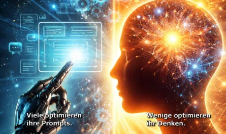 Symbolische Illustration zum Thema „Prompt Engineering vs. Thought Engineering“. Das Bild ist vertikal zweigeteilt. Links dominiert eine blaue, technologische Szene mit einer Roboterhand, die ein digitales Interface berührt, umgeben von Zahnrädern, Datenvisualisierungen und futuristischen Elementen. Diese Seite steht für Prompt Engineering – die Optimierung von KI-Prompts. Rechts ist ein leuchtendes menschliches Profil in warmen Orange- und Goldtönen dargestellt, dessen Kopf von neuronalen Netzwerken und Lichtimpulsen durchzogen ist und menschliches Denken und Reflexion symbolisiert. Zwischen beiden Seiten verläuft eine helle Trennlinie. Oben steht der Titel „Prompt Engineering vs. Thought Engineering“. Links unten der Satz „Viele optimieren ihre Prompts.“ Rechts der Satz „Wenige optimieren ihr Denken.“ Das Bild verdeutlicht den Unterschied zwischen technischer KI-Optimierung und bewusster Reflexion des eigenen Denkens.