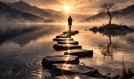 Hochformatiges Titelbild zum „Resonanzbrief Januar 2026“. Eine einzelne Person steht auf einem schmalen Steg aus flachen Steinen, die über einen ruhigen See führen. Im Hintergrund geht die Sonne über einer Berglandschaft auf und taucht Himmel und Wasser in warmes Gold. Nebel liegt leicht über dem See, Vögel fliegen in Formation am Horizont. Eine feine, leuchtende Linie verläuft über die Steine in Richtung Sonnenaufgang und symbolisiert Orientierung oder bewusste Schritte. Oben links steht „Resonanzbrief Januar 2026“, oben rechts das Logo von Stephan A. Davis. Unten rechts ist eine Triquetra, unten mittig dezent der Claim „ehrlich verbinden – klar entscheiden – bewusst wirken“.