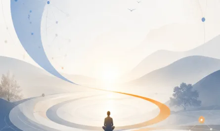 Hochformatige Illustration in hellen Weiß-, Blau- und Orangetönen. Oben links steht „Resonanzbrief 2026“, oben rechts das Logo „Stephan A. Davis“ mit „manage it together“. Im unteren Bildzentrum sitzt eine Person mit dem Rücken zur Betrachtung im Schneidersitz auf einer spiegelnden Fläche und blickt zum hellen Horizont. Vor ihr breiten sich konzentrische Kreise aus. Geschwungene blaue und orangefarbene Bänder führen vom Vordergrund in die Bildmitte. Feine Linien verbinden verstreute Punkte zu Netzwerken. Im Hintergrund liegen sanfte Hügel und einzelne Bäume; drei Vögel fliegen durch den hellen Himmel. Links im Vordergrund liegen aufeinander geschichtete Steine. Am unteren Rand steht „ehrlich verbinden – klar entscheiden – bewusst wirken“, mit dem ersten Teil in Blau und dem letzten in Orange. Unten rechts befindet sich ein verflochtenes Triquetra-Symbol in Blau, Grau und Orange.