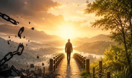 Symbolisches Hochformat-Bild zum Thema Transformation, Resonanz und systemische Führung. Eine einzelne Person geht ruhig über einen steinernen Weg auf eine Brücke zu, die in eine helle Landschaft mit Sonnenaufgang, Bergen, See und weitem Himmel führt. Links im Bild liegen dunkle Felsen, Trümmer und gesprengte Ketten, die für alte Muster, Begrenzungen oder Defizitdenken stehen. Rechts öffnet sich eine grüne, lebendige Natur mit Bäumen und warmem Licht. Am Himmel fliegen mehrere Vögel, die Weite und Aufbruch symbolisieren. Oben steht die Headline „Freiheit“. Unten ist der Leitsatz „ehrlich verbinden – klar entscheiden – bewusst wirken“ zu sehen. Rechts oben befindet sich das Stephan A. Davis Logo, rechts unten ein Triquetra-Symbol. Das Bild steht sinnbildlich für den Übergang von Reparieren und Festhalten hin zu bewusster Gestaltung, innerer Freiheit und wirksamer Resonanz.