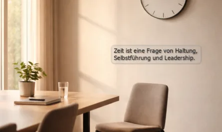 Ruhiger, moderner Meetingraum im Hochformat. Warmes Tageslicht fällt von links durch ein großes Fenster mit hellen Vorhängen und erzeugt weiche Schatten an der Wand. Im Vordergrund steht ein Holztisch mit klarer Oberfläche; darauf liegen ein geschlossenes Notizbuch, ein Glas Wasser und eine kleine grüne Pflanze. Mehrere gepolsterte Stühle sind um den Tisch angeordnet, ein einzelner Stuhl steht leicht zurückgezogen und unbesetzt im Raum. An der Wand hängt eine schlichte, runde Uhr, die exakt eine volle Uhrzeit anzeigt. Die Szene wirkt aufgeräumt, ruhig und ungestört – wie ein Moment kurz vor Beginn eines Meetings. Über dem Bild steht die Headline „Respekt beginnt vor dem Meeting“. Darunter eine Subline: „Zeit ist eine Frage von Haltung, Selbstführung und Leadership.“ Das Bild vermittelt bewusstes Warten, Übergang und respektvollen Umgang mit Zeit.