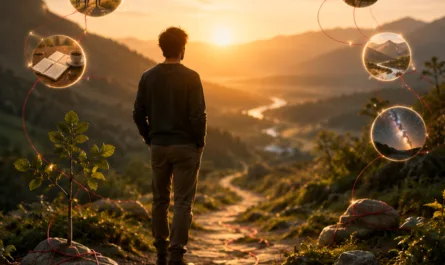 Symbolisches Hochformatbild einer Person, die von hinten auf einem steinigen Pfad in eine weitläufige Berglandschaft bei Sonnenuntergang blickt. Ein roter Faden zieht sich über den Weg, um Steine und Pflanzen herum und verbindet mehrere leuchtende Kreise am Himmel. In diesen Kreisen sind Szenen wie Gespräche, Gemeinschaft, Lesen, Natur, Alleinsein und Sternenhimmel zu sehen. Das Bild wirkt ruhig, warm und nachdenklich. Es steht sinnbildlich für IKIGAI, Selbstklärung, Resonanz und die Muster im eigenen Leben, die sich oft erst rückblickend als roter Faden zeigen. Oben rechts ist ein dezentes Stephan-A.-Davis-Logo zu sehen, unten rechts ein dreiteiliges Symbol.