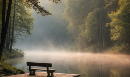 Ruhige Naturaufnahme im Hochformat: Ein hölzerner Steg mit einer einfachen Holzbank ragt in einen stillen Waldsee hinein. Der See ist von dichtem, grünem Wald umgeben, bestehend aus hohen Nadel- und Laubbäumen. Über der Wasseroberfläche liegt leichter Morgennebel, der das Licht weich streut und eine ruhige, gedämpfte Stimmung erzeugt. Die Bäume und der Steg spiegeln sich klar im unbewegten Wasser. Das Licht wirkt warm und sanft, als käme es aus den frühen Morgenstunden. Im oberen Bildbereich steht dezent der Schriftzug „Ruhe ist Wirksamkeit“. Das Bild vermittelt Stille, Klarheit und ein Gefühl von Innehalten und Weite, ohne sichtbare Menschen oder Bewegung.
