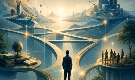 Ein einzelner Mensch steht auf einer leuchtenden Plattform in einer weitläufigen, futuristischen Landschaft aus verbundenen Wegen, Brücken und Lichtpunkten. Um ihn herum verzweigen sich mehrere Pfade zu unterschiedlichen Bereichen: Wissen und Bücher, kreative Formen, technologische Strukturen, Gemeinschaft und Natur. Die Szene symbolisiert Vielseitigkeit, Scanner-Natur und vernetztes Denken: Der Mensch muss sich nicht für einen einzigen Weg entscheiden, sondern erkennt Zusammenhänge zwischen verschiedenen Interessen, Fähigkeiten und Lebensbereichen. Warme goldene Lichter verbinden die Wege wie ein Netzwerk und schaffen Orientierung in der Komplexität. Der Titel „Die Stärke der Vielseitigkeit“ steht groß im oberen Bildbereich. Oben rechts ist das Logo von Stephan A. Davis sichtbar, unten rechts ein dreifarbiges Symbol. Das Bild wirkt ruhig, inspirierend und zukunftsorientiert.