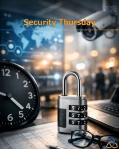 Symbolisches Beitragsbild im Hochformat mit Bezug zu IT-Security und Zeit. Im Vordergrund steht ein silbernes Zahlenschloss mit dreistelligem Code auf einem Schreibtisch. Links daneben ist eine analoge Uhr zu sehen, die eine Uhrzeit am frühen Nachmittag anzeigt. Rechts im Bild liegt ein geöffneter Laptop, davor eine Brille und ein Stift auf ausgedruckten Tabellen und Zahlenreihen. Im unscharfen Hintergrund sind eine Weltkarte auf einem Bildschirm sowie eine Überwachungskamera zu erkennen, die auf einen Raum mit Personen gerichtet ist. Die Farbwelt ist überwiegend kühl in Blau- und Grautönen, ergänzt durch warme Lichtreflexe im Hintergrund. Oben im Bild steht der Schriftzug „Security Thursday“ in orangefarbener Schrift. Das Bild vermittelt Themen wie Informationssicherheit, Analyse, Zeitbewusstsein, Beobachtung und professionelle Arbeitsumgebung.