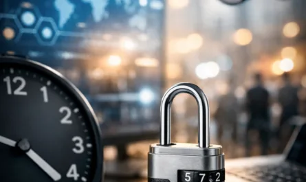 Symbolisches Beitragsbild im Hochformat mit Bezug zu IT-Security und Zeit. Im Vordergrund steht ein silbernes Zahlenschloss mit dreistelligem Code auf einem Schreibtisch. Links daneben ist eine analoge Uhr zu sehen, die eine Uhrzeit am frühen Nachmittag anzeigt. Rechts im Bild liegt ein geöffneter Laptop, davor eine Brille und ein Stift auf ausgedruckten Tabellen und Zahlenreihen. Im unscharfen Hintergrund sind eine Weltkarte auf einem Bildschirm sowie eine Überwachungskamera zu erkennen, die auf einen Raum mit Personen gerichtet ist. Die Farbwelt ist überwiegend kühl in Blau- und Grautönen, ergänzt durch warme Lichtreflexe im Hintergrund. Oben im Bild steht der Schriftzug „Security Thursday“ in orangefarbener Schrift. Das Bild vermittelt Themen wie Informationssicherheit, Analyse, Zeitbewusstsein, Beobachtung und professionelle Arbeitsumgebung.