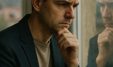 Ein Mann mittleren Alters steht in einem Innenraum dicht an einem Fenster und blickt nachdenklich nach unten. Sein Kopf ist leicht geneigt, die rechte Hand liegt stützend am Kinn, was eine reflektierende, innehaltende Haltung vermittelt. Er trägt ein dunkles Sakko über einem hellen Pullover. Das Tageslicht fällt weich von der Seite ein und beleuchtet sein Gesicht, während sich sein Spiegelbild im Fensterglas deutlich zeigt. Die Spiegelung verstärkt den Eindruck von Selbstbeobachtung und innerem Dialog. Der Hintergrund außerhalb des Fensters ist unscharf und zeigt eine gedämpfte, urbane Umgebung. Oben im Bild steht die Headline „Bevor Du wirkst.“, unten die Subline „Komm erst bei Dir an – Führung beginnt innen“. Die Gesamtstimmung ist ruhig, ernst und kontemplativ und unterstreicht das Thema Selbstführung, Innehalten und bewusste Selbstwahrnehmung.