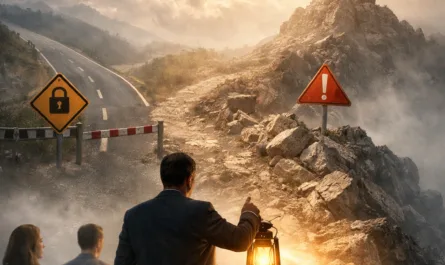 Symbolisches Hochformat-Bild zum Thema Sicherheit und Führung. In einer nebligen Berglandschaft führt eine Person im Anzug mit einer leuchtenden Laterne einen schmalen, steinigen Pfad entlang. Mehrere Menschen folgen ihr, teilweise im Nebel. Der Weg wirkt unsicher und führt bergauf zu einem Gipfel mit einer kleinen Fahne. Rechts neben dem Pfad steht ein Warnschild mit Ausrufezeichen. Links im Bild ist eine asphaltierte Straße zu sehen, die durch eine Schranke blockiert ist. Daneben befindet sich ein Schild mit Schloss-Symbol als Hinweis auf Regeln, Kontrolle und formale Absicherung. Im Vordergrund liegen ein Schutzhelm, eine Schutzbrille und ein Klemmbrett mit Formularen auf einem Felsen. Oben im Bild steht der Text „Sicherheit als Führungsaufgabe“.