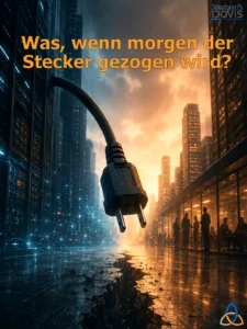 Symbolisches Titelbild zum Thema IT-Sicherheit, digitale Resilienz und organisatorische Handlungsfähigkeit. Im Zentrum des Hochformat-Bildes schwebt ein großer schwarzer Netzstecker über einer modernen Stadtlandschaft. Das Stromkabel führt aus dem linken Bildbereich heraus und endet frei in der Luft, als wäre die Verbindung gerade getrennt worden. Die Szenerie ist deutlich zweigeteilt: Auf der linken Seite dominieren kühle Blau- und Schwarztöne mit Hochhäusern, Serverstrukturen und digitalen Netzwerkverbindungen, die für Technologie, IT-Infrastruktur und Vernetzung stehen. Auf der rechten Seite prägen warme Gold- und Orangetöne eine urbane Geschäftswelt mit beleuchteten Gebäuden und Menschen in einem Büro- oder Unternehmensumfeld. Zwischen beiden Bereichen verläuft ein tiefer Riss im Boden, der sich vom unteren Bildrand bis in die Bildmitte zieht und die Fragilität von Stabilität, Vertrauen und Geschäftsbetrieb symbolisiert. Im oberen Bereich steht die Headline „Was, wenn morgen der Stecker gezogen wird?“. Das Bild visualisiert die Frage, wie abhängig Unternehmen von ihrer digitalen Infrastruktur sind und ob sie auch im Krisenfall handlungsfähig bleiben würden. Die Stimmung wirkt zugleich eindrucksvoll, nachdenklich und warnend.