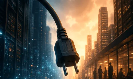Symbolisches Titelbild zum Thema IT-Sicherheit, digitale Resilienz und organisatorische Handlungsfähigkeit. Im Zentrum des Hochformat-Bildes schwebt ein großer schwarzer Netzstecker über einer modernen Stadtlandschaft. Das Stromkabel führt aus dem linken Bildbereich heraus und endet frei in der Luft, als wäre die Verbindung gerade getrennt worden. Die Szenerie ist deutlich zweigeteilt: Auf der linken Seite dominieren kühle Blau- und Schwarztöne mit Hochhäusern, Serverstrukturen und digitalen Netzwerkverbindungen, die für Technologie, IT-Infrastruktur und Vernetzung stehen. Auf der rechten Seite prägen warme Gold- und Orangetöne eine urbane Geschäftswelt mit beleuchteten Gebäuden und Menschen in einem Büro- oder Unternehmensumfeld. Zwischen beiden Bereichen verläuft ein tiefer Riss im Boden, der sich vom unteren Bildrand bis in die Bildmitte zieht und die Fragilität von Stabilität, Vertrauen und Geschäftsbetrieb symbolisiert. Im oberen Bereich steht die Headline „Was, wenn morgen der Stecker gezogen wird?“. Das Bild visualisiert die Frage, wie abhängig Unternehmen von ihrer digitalen Infrastruktur sind und ob sie auch im Krisenfall handlungsfähig bleiben würden. Die Stimmung wirkt zugleich eindrucksvoll, nachdenklich und warnend.