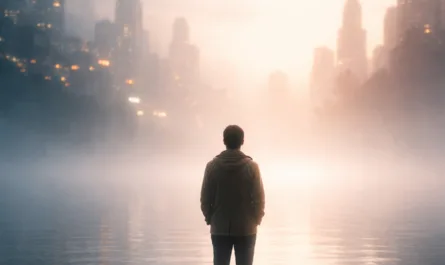 Eine einzelne Person steht mit dem Rücken zur Kamera auf einem großen Felsen am Ufer eines ruhigen Gewässers. Es ist früher Morgen oder später Abend; dichter Nebel liegt über dem Wasser und verschleiert eine moderne Skyline im Hintergrund. Die Lichter der Hochhäuser schimmern diffus durch den Dunst und erzeugen eine warme, helle Lichtquelle direkt vor der Person. Das Wasser ist glatt und spiegelt das sanfte Licht wider. Die Person trägt eine dunkle Hose und eine helle Jacke und blickt aufrecht und ruhig in Richtung der Stadt. Im oberen Bereich des Bildes steht der Satz „Sicherheit beginnt in Deiner Klarheit“. Insgesamt vermittelt das Bild eine stille, nachdenkliche Stimmung zwischen urbaner Komplexität und innerer Ausrichtung.