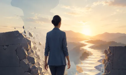 Symbolisches Hochformat-Bild einer Person in Business-Kleidung, die von hinten zu sehen ist und durch eine zerbrochene Mauer auf einen leuchtenden, kristallinen Weg zugeht. Der Weg führt durch eine weite Landschaft in Richtung Sonnenaufgang und steht für Orientierung, Selbstführung und neue Handlungsmöglichkeiten. Die zerbrechende Wand symbolisiert berufliche Hindernisse, Blockaden und alte Begrenzungen, die sich durch bewusste Stärkenarbeit in Bewegung verwandeln. Im Himmel erscheint schemenhaft ein großes, ruhiges Profil als Sinnbild für Selbstreflexion, innere Klarheit und ungenutztes Potenzial. Die warme Lichtstimmung vermittelt Zuversicht, Wachstum und den proaktiven Schritt vom Defizitfokus hin zu stärkenbasierter Selbstführung.