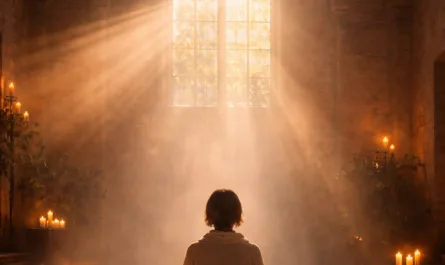 ALT-Text: Eine einzelne Person sitzt mit dem Rücken zur Betrachtenden in aufrechter Meditationshaltung auf einem steinernen Boden in einem großen, sakral wirkenden Raum. Der Raum erinnert an eine alte Kirche oder Kapelle mit hohen Steinwänden und einem großen, gotischen Fenster im Hintergrund. Warmes, goldenes Licht fällt in breiten Strahlen durch das Fenster und erfüllt den Raum mit einer ruhigen, beinahe spirituellen Atmosphäre. Mehrere Kerzen stehen links und rechts am Boden sowie auf kleinen Podesten und verstärken das Gefühl von Stille, Einkehr und Achtsamkeit. Die Person trägt schlichte, helle Kleidung und sitzt ruhig mit entspannten Händen auf den Knien. Oben im Bild steht der Schriftzug „Stille ist kein Leerraum“. In der oberen rechten Ecke ist ein dezentes Logo mit dem Namen „Stephan A. Davis“ zu sehen, unten rechts ein symbolisches, dreiteiliges Zeichen. Das gesamte Bild vermittelt Ruhe, Präsenz, innere Sammlung und bewusste Stille.