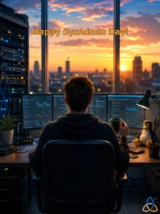 Hochformatiges, stimmungsvolles Motiv zum SysAdmin Day. Im Mittelpunkt sitzt eine Person mit dunklem Hoodie, von hinten gesehen, an einem Schreibtisch vor drei Monitoren mit Diagrammen, Code und Systemübersichten. In der rechten Hand hält sie eine schwarze Tasse. Links steht ein beleuchtetes Serverrack mit zahlreichen Kabeln und Statusanzeigen, rechts eine Schreibtischlampe und eine kleine Tux-Pinguinfigur. Durch große Fenster fällt der Blick auf eine Stadt im warmen Sonnenuntergang; orangefarbenes Licht trifft auf die kühlen Blautöne der Technik. Oben steht in orangefarbener Schrift „Happy SysAdmin Day!“. Rechts oben befindet sich ein dezentes Markenlogo, rechts unten ein blau-orange-graues Symbol. Das Bild vermittelt Ruhe, Verantwortung und die oft unsichtbare Arbeit von Systemadministrator:innen zum Feierabend.