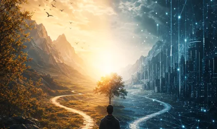Symbolisches Titelbild zum Artikel „Systemic AI Interaction – Die Fragen hinter den Antworten“. Das hochformatige Bild zeigt eine einzelne Person von hinten auf einem Weg, der sich durch eine eindrucksvolle Landschaft zieht. Die Szene ist in zwei kontrastierende Welten geteilt. Auf der linken Seite erstreckt sich eine warme, natürliche Umgebung mit Bergen, Bäumen, Vögeln und goldenem Sonnenlicht. Die rechte Seite zeigt eine futuristische, digital geprägte Welt mit leuchtenden Netzwerkstrukturen, Datenpunkten, geometrischen Verbindungen und einer abstrahierten technologischen Stadtlandschaft in Blau- und Türkistönen. Beide Bereiche treffen in der Bildmitte aufeinander und werden durch einen hellen Horizont verbunden, der Orientierung, Erkenntnis und Bewusstsein symbolisiert. Die stehende Person blickt in diese Verbindung zwischen Natur und Technologie und verkörpert den Menschen im Spannungsfeld von Verantwortung, Reflexion und künstlicher Intelligenz. Im oberen Bereich steht der Titel „Systemic AI Interaction – Die Fragen hinter den Antworten“. Rechts oben befindet sich das Logo von Stephan A. Davis. Am unteren Rand steht der Leitsatz „ehrlich verbinden – klar entscheiden – bewusst wirken“ sowie ein stilisiertes Triquetra-Symbol. Das Bild symbolisiert die bewusste Navigation zwischen menschlicher Orientierung und technologischer Unterstützung im KI-Zeitalter.