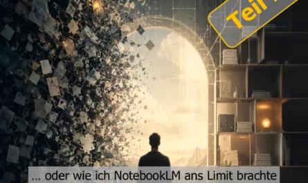 Symbolisches Titelbild zum Sonderpost „Ein Denkraum ist kein Archiv – Teil 2“. In der Bildmitte steht eine Person von hinten vor einem hell leuchtenden Torbogen, der wie ein Übergang zwischen Chaos und Ordnung wirkt. Links wirbeln unzählige Dokumente, Notizen und Papierfragmente dunkel und turbulent durch den Raum; sie stehen für Informationsflut, unstrukturierte Daten und kognitive Überlastung. Rechts ist ein geordnetes Regal mit Büchern, Ordnern, Lichtquellen und klaren Linien zu sehen; es symbolisiert Struktur, Kontext und bewusste Wissensarchitektur. Oben steht in orangefarbener Schrift „Ein Denkraum ist kein Archiv“. Rechts daneben befindet sich ein gelbes, schräg platziertes Label mit der Aufschrift „Teil 2“. Im unteren Bildbereich steht auf grauem Balken: „… oder wie ich NotebookLM ans Limit brachte“. Das Bild verbindet KI-Nutzung, Komplexität, Reflexion und digitale Souveränität.