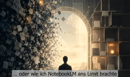 Symbolisches Hochformat-Bild zu einem Denkraum, der an seine Grenzen kommt. In der Mitte steht eine einzelne Person von hinten vor einem hell leuchtenden Durchgang. Links wirbelt eine dunkle, chaotische Masse aus Dokumenten, Notizen, Papierfragmenten und digitalen Elementen durch den Raum und steht für Überladung, unstrukturierte Informationsflut und wachsende Komplexität. Rechts befindet sich ein geordnetes Regal mit Büchern, Ordnern, Lichtquellen und klaren Linien, das Struktur, Auswahl und Orientierung symbolisiert. Der helle Durchgang verbindet beide Seiten und öffnet den Blick in eine ruhige Landschaft. Darüber steht in orangefarbener Schrift: „Ein Denkraum ist kein Archiv“. Eine transparente Textleiste ergänzt: „… oder wie ich NotebookLM ans Limit brachte“. Das Bild verbindet kreative Überforderung, KI-Kontext, Wissensarchitektur und die Erkenntnis, dass Klarheit nicht durch mehr Sammlung, sondern durch bewusste Struktur entsteht.