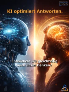 Symbolische Darstellung des Unterschieds zwischen künstlicher Intelligenz und menschlichem Denken. Links ist ein humanoider Roboterkopf in kühlen Blau- und Cyanfarben zu sehen, dessen Oberfläche aus digitalen Schaltkreisen, Datenpunkten und leuchtenden Netzwerken besteht. Rechts blickt ein Mensch im Profil nachdenklich auf die KI. Sein Gehirn ist in warmen orange-goldenen Farben dargestellt und leuchtet, um bewusstes Denken und Reflexion zu symbolisieren. Zwischen beiden Figuren verläuft eine helle Lichtlinie als visuelle Schnittstelle zwischen Technologie und menschlichem Bewusstsein. Oben steht der Text „KI optimiert Antworten.“ In der Bildmitte die Frage „Entwickeln wir gleichzeitig auch unser Denken?“ Das Bild kontrastiert Geschwindigkeit und Datenverarbeitung der KI mit menschlicher Urteilskraft, Reflexion und bewusstem Denken im Kontext von Prompt Engineering und Thought Engineering.