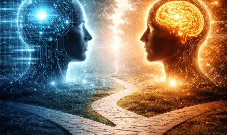 Symbolisches Titelbild zur Reihe „Thought Engineering“. Das Bild zeigt zwei einander gegenüberstehende humanoide Köpfe in einer futuristischen Landschaft. Links befindet sich eine blau leuchtende, technisch wirkende Figur mit digitalen Leiterbahnen und kühler Lichtästhetik. Rechts steht eine orange-goldene Figur mit sichtbar leuchtendem Gehirn und organisch wirkenden Lichtverbindungen. Zwischen beiden Figuren verläuft ein heller Weg, der sich aus der Mitte verzweigt und symbolisch für Entscheidungen, Perspektiven und bewusste Denkentwicklung steht. Die linke Bildhälfte wirkt technologisch und datenorientiert, die rechte menschlich, reflektiv und bewusst. Im oberen Bereich steht der Titel „Thought Engineering“. Am unteren Rand befindet sich der Leitsatz „ehrlich verbinden – klar entscheiden – bewusst wirken“. Rechts unten ist ein stilisiertes triquetra-artiges Symbol eingebunden, rechts oben das Logo von Stephan A. Davis.