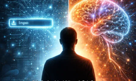 Illustration zum Thema „Thought Engineering“. Im Zentrum steht eine Person von hinten, die zwischen zwei visuellen Welten steht. Die linke Bildhälfte ist in kühlen Blautönen gehalten und zeigt digitale Strukturen, Datenpunkte und eine leuchtende Eingabeoberfläche mit der Aufschrift „Input“, die symbolisch für Technologie, KI und Prompt Engineering steht. Die rechte Bildhälfte ist in warmen Orange- und Rottönen gestaltet und zeigt ein leuchtendes menschliches Gehirn mit vielen vernetzten Lichtpunkten und neuronalen Verbindungen, das für Denken, Reflexion und menschliche Erkenntnis steht. Über dem Bild steht der Titel „Thought Engineering“. Darunter der Satz: „Dein Denken ist wichtiger als Dein Prompt“. Das Bild symbolisiert den Unterschied zwischen technischer Eingabe in KI-Systeme und bewusstem menschlichen Denken sowie die Idee, dass die Qualität von KI-Antworten stark vom Denken hinter der Frage abhängt.