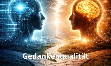 Symbolisches Titelbild zur Reihe „Thought Engineering“. Das Bild zeigt zwei einander gegenüberstehende humanoide Köpfe in einer futuristischen Landschaft. Links befindet sich eine blau leuchtende, technisch wirkende Figur mit digitalen Leiterbahnen und kühler Lichtästhetik. Rechts steht eine orange-goldene Figur mit sichtbar leuchtendem Gehirn und organisch wirkenden Lichtverbindungen. Zwischen beiden Figuren verläuft ein heller Weg, der sich aus der Mitte verzweigt und symbolisch für Entscheidungen, Perspektiven und bewusste Denkentwicklung steht. Die linke Bildhälfte wirkt technologisch und datenorientiert, die rechte menschlich, reflektiv und bewusst. Im oberen Bereich steht der Titel „Thought Engineering“, darunter das Thema „Gedankenqualität“. Am unteren Rand befindet sich der Leitsatz „ehrlich verbinden – klar entscheiden – bewusst wirken“. Rechts unten ist ein stilisiertes triquetra-artiges Symbol eingebunden, rechts oben das Logo von Stephan A. Davis.