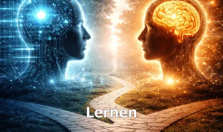 Symbolisches Titelbild zur Reihe „Thought Engineering“. Das Bild zeigt zwei einander gegenüberstehende humanoide Köpfe in einer futuristischen Landschaft. Links befindet sich eine blau leuchtende, technisch wirkende Figur mit digitalen Leiterbahnen und kühler Lichtästhetik. Rechts steht eine orange-goldene Figur mit sichtbar leuchtendem Gehirn und organisch wirkenden Lichtverbindungen. Zwischen beiden Figuren verläuft ein heller Weg, der sich aus der Mitte verzweigt und symbolisch für Entscheidungen, Perspektiven und bewusste Denkentwicklung steht. Die linke Bildhälfte wirkt technologisch und datenorientiert, die rechte menschlich, reflektiv und bewusst. Im oberen Bereich steht der Titel „Thought Engineering“, darunter das Thema „Lernen“. Am unteren Rand befindet sich der Leitsatz „ehrlich verbinden – klar entscheiden – bewusst wirken“. Rechts unten ist ein stilisiertes triquetra-artiges Symbol eingebunden, rechts oben das Logo von Stephan A. Davis.