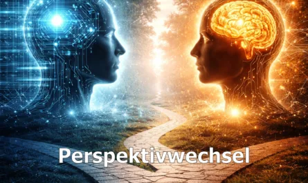 Symbolisches Titelbild zur Reihe „Thought Engineering“. Das Bild zeigt zwei einander gegenüberstehende humanoide Köpfe in einer futuristischen Landschaft. Links befindet sich eine blau leuchtende, technisch wirkende Figur mit digitalen Leiterbahnen und kühler Lichtästhetik. Rechts steht eine orange-goldene Figur mit sichtbar leuchtendem Gehirn und organisch wirkenden Lichtverbindungen. Zwischen beiden Figuren verläuft ein heller Weg, der sich aus der Mitte verzweigt und symbolisch für Entscheidungen, Perspektiven und bewusste Denkentwicklung steht. Die linke Bildhälfte wirkt technologisch und datenorientiert, die rechte menschlich, reflektiv und bewusst. Im oberen Bereich steht der Titel „Thought Engineering“, darunter das Thema „Perspektivwechsel“. Am unteren Rand befindet sich der Leitsatz „ehrlich verbinden – klar entscheiden – bewusst wirken“. Rechts unten ist ein stilisiertes triquetra-artiges Symbol eingebunden, rechts oben das Logo von Stephan A. Davis.