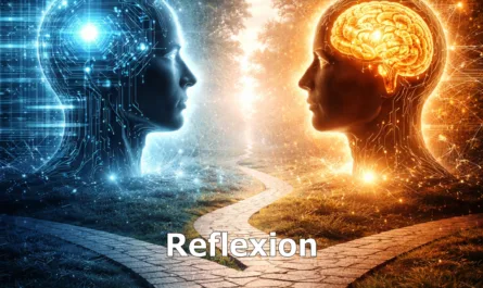 Symbolisches Titelbild zur Reihe „Thought Engineering“. Das Bild zeigt zwei einander gegenüberstehende humanoide Köpfe in einer futuristischen Landschaft. Links befindet sich eine blau leuchtende, technisch wirkende Figur mit digitalen Leiterbahnen und kühler Lichtästhetik. Rechts steht eine orange-goldene Figur mit sichtbar leuchtendem Gehirn und organisch wirkenden Lichtverbindungen. Zwischen beiden Figuren verläuft ein heller Weg, der sich aus der Mitte verzweigt und symbolisch für Entscheidungen, Perspektiven und bewusste Denkentwicklung steht. Die linke Bildhälfte wirkt technologisch und datenorientiert, die rechte menschlich, reflektiv und bewusst. Im oberen Bereich steht der Titel „Thought Engineering“, darunter das Thema „Reflexion“. Am unteren Rand befindet sich der Leitsatz „ehrlich verbinden – klar entscheiden – bewusst wirken“. Rechts unten ist ein stilisiertes triquetra-artiges Symbol eingebunden, rechts oben das Logo von Stephan A. Davis.