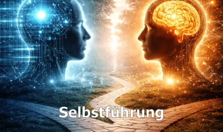 Symbolisches Titelbild zur Reihe „Thought Engineering“. Das Bild zeigt zwei einander gegenüberstehende humanoide Köpfe in einer futuristischen Landschaft. Links befindet sich eine blau leuchtende, technisch wirkende Figur mit digitalen Leiterbahnen und kühler Lichtästhetik. Rechts steht eine orange-goldene Figur mit sichtbar leuchtendem Gehirn und organisch wirkenden Lichtverbindungen. Zwischen beiden Figuren verläuft ein heller Weg, der sich aus der Mitte verzweigt und symbolisch für Entscheidungen, Perspektiven und bewusste Denkentwicklung steht. Die linke Bildhälfte wirkt technologisch und datenorientiert, die rechte menschlich, reflektiv und bewusst. Im oberen Bereich steht der Titel „Thought Engineering“, darunter das Thema „Selbstführung“. Am unteren Rand befindet sich der Leitsatz „ehrlich verbinden – klar entscheiden – bewusst wirken“. Rechts unten ist ein stilisiertes triquetra-artiges Symbol eingebunden, rechts oben das Logo von Stephan A. Davis.