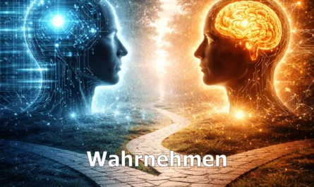 Symbolisches Titelbild zur Reihe „Thought Engineering“. Das Bild zeigt zwei einander gegenüberstehende humanoide Köpfe in einer futuristischen Landschaft. Links befindet sich eine blau leuchtende, technisch wirkende Figur mit digitalen Leiterbahnen und kühler Lichtästhetik. Rechts steht eine orange-goldene Figur mit sichtbar leuchtendem Gehirn und organisch wirkenden Lichtverbindungen. Zwischen beiden Figuren verläuft ein heller Weg, der sich aus der Mitte verzweigt und symbolisch für Entscheidungen, Perspektiven und bewusste Denkentwicklung steht. Die linke Bildhälfte wirkt technologisch und datenorientiert, die rechte menschlich, reflektiv und bewusst. Im oberen Bereich steht der Titel „Thought Engineering“, darunter das Thema „Wahrnehmen“. Am unteren Rand befindet sich der Leitsatz „ehrlich verbinden – klar entscheiden – bewusst wirken“. Rechts unten ist ein stilisiertes triquetra-artiges Symbol eingebunden, rechts oben das Logo von Stephan A. Davis.