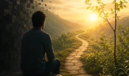 Symbolisches Hochformatbild zur Thought-Engineering-Reihe mit dem Thema „Entwickeln“. Eine sitzende Person blickt von einem dunklen Steinplateau auf einen geschwungenen Weg, der durch eine grüne Landschaft in ein warmes, goldenes Licht am Horizont führt. Links zerfällt eine dunkle Wand aus Steinblöcken in einzelne Fragmente und steht sinnbildlich für alte Denkmuster, die ihre Kraft verlieren. Rechts wachsen junge Pflanzen und ein schlanker Baum im Sonnenlicht, als Zeichen für innere Reife, Wachstum und bewusste Entwicklung. Im Vordergrund liegen ein offenes Notizbuch, ein Stift und gestapelte Steine als Symbole für Reflexion, Klarheit und innere Ordnung. Das Bild vermittelt Ruhe, Übergang und Selbstführung: Entwicklung beginnt leise, wenn Gedanken bewusster wahrgenommen und neu ausgerichtet werden.