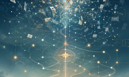 Symbolisches Hochformatbild zum Thema „Strukturieren“ im Kontext von Thought Engineering. Im unteren Bildbereich sitzt eine einzelne Person von hinten auf einem Felsen und blickt in eine weite, neblige Landschaft mit Bergen, Wasser und hellem Horizont. Über ihr entfaltet sich ein komplexes Geflecht aus leuchtenden Linien, Knotenpunkten, schwebenden Fragmenten und abstrakten Informationsspuren. Der obere Bildbereich wirkt dicht, bewegt und beinahe überfordernd – wie ein Gedanken- oder Informationsrauschen. Zur Mitte hin ordnen sich die Elemente zunehmend zu einer klareren Netzwerkstruktur mit einem hellen, kompassartigen Zentrum. Warme goldene Lichtpunkte verbinden sich mit kühlen Blau- und Türkistönen. Das Bild vermittelt den Übergang von innerer Lautstärke und Komplexität hin zu Orientierung, Zusammenhang und bewusster gedanklicher Ordnung. Oben rechts ist ein Markenlogo, unten rechts ein Symbol eingebunden.
