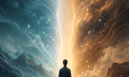 Symbolisches Bild zum Thema „Wahrnehmen“ aus der Reihe Thought Engineering. Eine Person steht vor einem hellen Zwischenraum zwischen zwei kontrastierenden inneren Welten: links eine kühle, blaue Landschaft mit fließenden Linien und klaren Strukturen, rechts eine warme, goldene Welt mit Wolken, Netzwerken und Impulsen. Der leuchtende Raum in der Mitte steht für Bewusstheit zwischen Wahrnehmung und Bewertung.