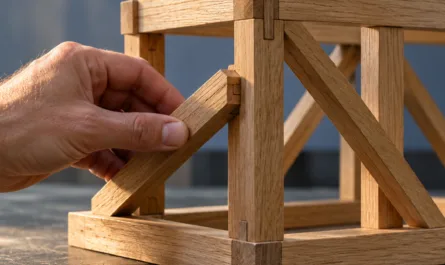 Hochformatiges Beitragsbild mit der orangefarbenen, dunkel umrandeten Überschrift „Was verändert sich wirklich?“. Auf einem dunkelgrauen Arbeitstisch steht ein kleines Holzmodell aus senkrechten Pfosten, waagerechten Balken und diagonalen Streben. Eine von links kommende Hand hält eine schräge Strebe nahe ihrer Verbindung mit einem Pfosten. Warmes Seitenlicht betont Hand und Holzmaserung. Die unscharfe Wand dahinter ist blau-grau. Oben rechts steht das Logo „Stephan A. Davis“ mit dem Zusatz „manage it together“. Unten rechts befindet sich das Triquetra-Symbol in Blau, Grau und Orange.