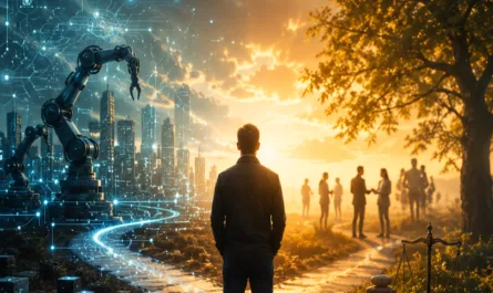 Symbolisches Titelbild zum Thema Verantwortung im KI-Zeitalter. Im Zentrum steht eine einzelne Person von hinten auf einem Weg, der in einen hellen Horizont führt. Die Szene ist in zwei kontrastierende Welten geteilt: Links dominiert eine futuristische, blau leuchtende Technologielandschaft mit digitalen Netzwerken, Datenströmen, Schaltkreisen, einer modernen Skyline und einem industriellen Roboterarm. Die Atmosphäre wirkt technisch, automatisiert und datengetrieben. Rechts befindet sich eine warme, goldene Naturlandschaft mit Bäumen, Sonnenlicht und mehreren Menschen, die miteinander im Austausch stehen. Diese Seite symbolisiert Menschlichkeit, Beziehungen, Werte und gesellschaftliche Verantwortung. Die Person in der Mitte verbindet beide Welten und steht sinnbildlich für den Menschen als Verantwortungsträger zwischen Technologie und Konsequenz. Rechts unten ist eine Waage zu sehen, die für Abwägung, Ethik, Entscheidungskraft und Verantwortung steht. Der Weg führt nicht nach links oder rechts, sondern direkt auf das Licht zu und symbolisiert Orientierung, bewusste Entscheidungen und digitale Souveränität. Im oberen Bereich befindet sich die Überschrift „Automatisierung ersetzt Aufgaben. Nicht Verantwortung.“ Unten steht der Leitsatz „ehrlich verbinden – klar entscheiden – bewusst wirken“. Die Farbgestaltung kontrastiert kühle Blautöne der Technologie mit warmen Gold- und Orangetönen der menschlichen Seite und verdeutlicht die zentrale Botschaft: KI und Automatisierung können Aufgaben übernehmen, Verantwortung bleibt beim Menschen.