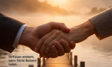 Das Bild zeigt zwei Menschen, die sich ruhig und fest die Hand geben. Der Handschlag steht im Mittelpunkt der Komposition und symbolisiert Verlässlichkeit, Zusage und gegenseitiges Vertrauen. Die Hände befinden sich über einem hölzernen Steg, der geradeaus über einen ruhigen See führt. Der Steg verschwindet in der Tiefe des Bildes und vermittelt Kontinuität, Weg und zeitliche Beständigkeit. Die Szene ist in warmes Morgen- oder Abendlicht getaucht. Nebel liegt sanft über dem Wasser, die Landschaft im Hintergrund wirkt ruhig und unaufgeregt. Die Lichtstimmung unterstreicht Klarheit, Präsenz und Ruhe statt Dramatik. Im oberen Bereich des Bildes steht der Schriftzug „Verlässlichkeit ist Leadership“. Im unteren linken Bereich ergänzt die Subline Vertrauen entsteht, wenn Worte Bestand haben“ die Bildaussage. Das Motiv transportiert die Idee von Leadership als Haltung: Führung zeigt sich nicht in Worten oder Symbolen, sondern darin, ob Zusagen gelten und Beziehungen tragfähig bleiben – auch über Zeit hinweg.