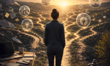 Symbolisches Titelbild zum Thema Aufmerksamkeit, Fokus und bewusste Entscheidungen. Im Mittelpunkt steht eine einzelne Person, von hinten betrachtet, auf einem steinernen Weg. Vor ihr verzweigt sich die Landschaft in zahlreiche leuchtende Pfade, die sich bis zum goldenen Horizont erstrecken und viele mögliche Richtungen symbolisieren. Über der Szene schweben transparente Kugeln mit verschiedenen Symbolen, darunter ein Kompass, ein Licht, Zahnräder, eine Pflanze und stilisierte Menschen. Sie stehen sinnbildlich für Ideen, Wachstum, Orientierung, Zusammenarbeit und neue Möglichkeiten. Links im Vordergrund befindet sich ein Schreibtisch mit Laptop, Notizbüchern, Tasse und verstreuten Unterlagen; lose Blätter fliegen durch die Luft und vermitteln den Eindruck vieler gleichzeitiger Gedanken und Aufgaben. Rechts steht ein kleiner Steinturm als Symbol für Balance und Achtsamkeit. Im oberen Bereich steht die Frage „Was verdient Deine Aufmerksamkeit?“. Oben rechts ist das Logo von Stephan A. Davis, unten rechts ein stilisiertes Triquetra-Symbol. Die warme Abendstimmung und das Licht am Horizont lenken den Blick auf die bewusste Wahl eines eigenen Weges.