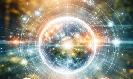 Eine menschliche Hand ist im unteren Bildbereich geöffnet nach oben gerichtet und trägt eine leuchtende, schwebende Kugel. Die Kugel wirkt wie eine digitale Weltkugel mit strahlendem Lichtzentrum und feinen, kreisförmigen Netzwerkstrukturen, die sich konzentrisch um sie legen. Kleine Lichtpunkte und technische Symbole sind in die Struktur eingebettet und vermitteln Vernetzung und Technologie. Im Hintergrund ist ein weich verschwommener Waldweg im warmen Sonnenlicht zu sehen, der Natürlichkeit und Tiefe symbolisiert. Im oberen Bereich steht der Schriftzug „Technologie skaliert. Verantwortung nicht.“ Rechts oben befindet sich das Logo von Stephan A. Davis, unten rechts ein stilisiertes, dreigliedriges Symbol. Das Bild verbindet Natur, Mensch und digitale Vernetzung als Ausdruck bewusster Verantwortung im digitalen Zeitalter.