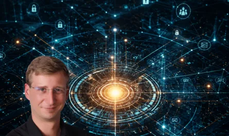 Hochformatiges Titelbild in dunklen Blau- und Schwarztönen mit futuristischem Cyber-Netzwerk. Im Zentrum leuchtet ein heller, kreisförmiger Lichtpunkt, von dem digitale Verbindungen, Knoten und Symbole wie Schlösser, Cloud, Datenbank und Personen ausgehen. Oben links befindet sich das Logo des Global Cyber Circle, oben rechts das Logo von Stephan A. Davis. In der oberen Bildmitte steht in großer orangefarbener Schrift: „Was ist Cyber?“. Unten links ist Stephan A. Davis mit verschränkten Armen in schwarzem Hemd zu sehen und blickt direkt in die Kamera. Unten rechts befindet sich ein dreifaches Knotensymbol in Blau, Grau und Orange. Am unteren Bildrand steht dezent der Claim: „ehrlich verbinden – klar entscheiden – bewusst wirken“. Das Bild verbindet Motive aus Vernetzung, Technologie, Führung und Orientierung.