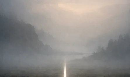 Ein ruhiges, atmosphärisches Hochformat-Bild zeigt einen schmalen Weg in einer nebligen Landschaft. Dichter, graublauer Nebel liegt über einem steinigen Pfad, der von Felsen, Gras und dunklen Baumrändern flankiert wird. Die Umgebung wirkt weit, still und leicht unübersichtlich. In der Mitte des Weges verläuft eine helle, schmale Lichtlinie, die sich schnurgerade vom Vordergrund bis in die Ferne zieht und im Nebel verschwindet. Diese Lichtspur bildet einen starken Kontrast zur diffusen Umgebung und vermittelt den Eindruck von Klarheit und Orientierung, wirkt dabei jedoch fast zu eindeutig im Vergleich zur komplexen Landschaft. Der Himmel ist weich aufgehellt, mit einem warmen, zurückhaltenden Licht, das durch den Nebel scheint. Insgesamt erzeugt das Bild eine nachdenkliche, reduzierte Stimmung und symbolisiert die Spannung zwischen scheinbar klaren Wegen und der tatsächlichen Komplexität von Situationen.