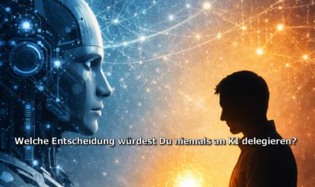 Eine symbolische Illustration zum Thema Leadership im KI-Zeitalter. Auf der linken Bildseite ist der Kopf eines humanoiden Roboters in kühlen Blautönen zu sehen, umgeben von digitalen Netzwerken, Datenpunkten und Linien, die für künstliche Intelligenz, Algorithmen und technologische Systeme stehen. Auf der rechten Seite steht die Silhouette eines Menschen vor einer warmen, orangefarbenen Lichtquelle. Der Mensch hält in seinen Händen eine leuchtende Kugel, die wie eine Entscheidung oder Verantwortung wirkt. Zwischen Mensch und Maschine entsteht ein visueller Kontrast aus kalter Technologie und menschlicher Wärme. Im Hintergrund ist eine futuristische Stadtlandschaft zu erkennen. Oben steht der Titel „Wenn Maschinen entscheiden …“, in der Bildmitte die Frage: „Welche Entscheidung würdest Du niemals an KI delegieren?“. Das Bild symbolisiert die Spannung zwischen automatisierten Entscheidungen und menschlicher Verantwortung im Leadership.