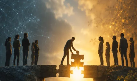 Symbolisches Hochformatbild zum Thema Veränderung und Widerstand. Zwei Gruppen von Menschen stehen sich auf gegenüberliegenden Felsseiten gegenüber. Zwischen ihnen entsteht eine Brücke aus großen Puzzleteilen, über einer tiefen Schlucht. Eine Person in der Mitte setzt ein fehlendes Puzzleteil ein und macht die Verbindung dadurch tragfähig. Links ist die Atmosphäre kühl-blau mit abstrakten Netzwerkstrukturen, rechts warm-golden mit Lichtpunkten und Naturdetails. Im Hintergrund scheint helles Sonnenlicht durch Wolken und betont den Übergang von Distanz zu Verbindung. Oben steht die Headline „Veränderung braucht Anschluss“. Das Bild symbolisiert, dass Veränderung nicht durch Druck entsteht, sondern durch Bedeutung, Vertrauen, Kontext und inneren Anschluss zwischen Menschen.