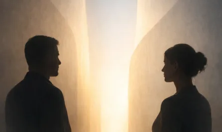 Symbolisches, ruhiges Bild mit zwei menschlichen Silhouetten in Seitenansicht. Links steht eine männlich gelesene Figur, rechts eine weiblich gelesene Figur. Beide stehen sich mit etwas Abstand gegenüber, ohne sich zu berühren. Zwischen ihnen öffnet sich ein heller, vertikaler Lichtkorridor, der den Raum zwischen den Personen betont und wie eine verbindende Mitte wirkt. Die Umgebung ist abstrakt und weich gezeichnet, mit warmen Beige- und Goldtönen sowie kühlen Grauschattierungen. Das Licht reflektiert sanft auf dem Boden und erzeugt eine ruhige, kontemplative Atmosphäre. Im oberen Bereich des Bildes steht die Überschrift „Wirkung entsteht durch Haltung“. Im unteren Bereich befindet sich eine dezente Subline: „Wenn Erfahrung zum Angebot wird und Wahrheit nicht mehr abschließt.“ Das Bild vermittelt Begegnung, Dialog, Offenheit und die Bedeutung von Haltung für Wirkung und Führung.